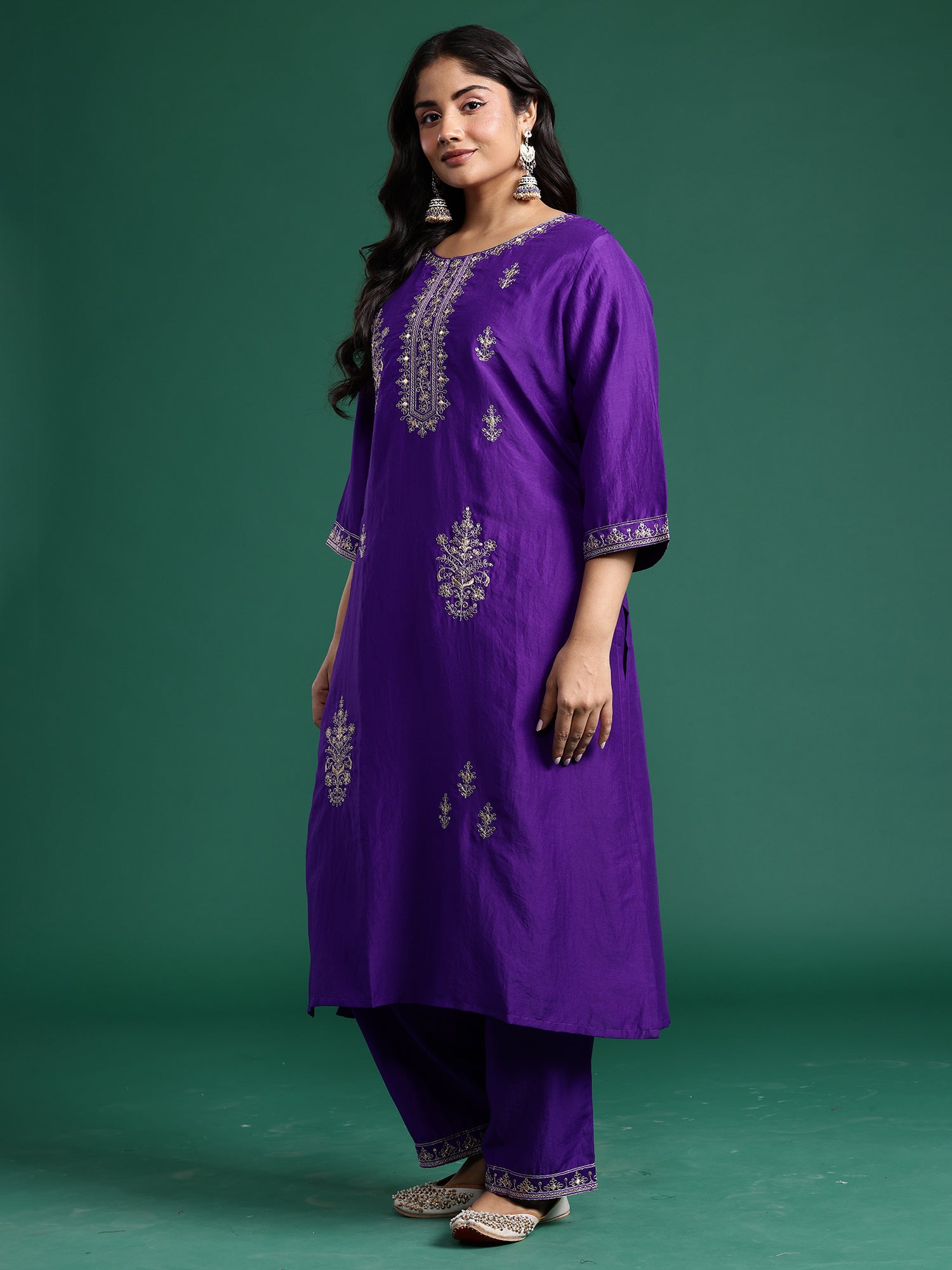 Plus Size Purple Embroidered Straight Kurta Trousers With Dupatta Set