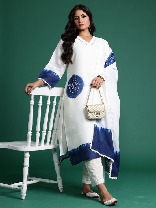 Plus Size Cream Printed Straight Kurta Trouser With Dupatta