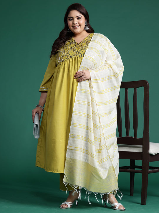 Plus Size Olive Embroidered A-Line Kurta Set