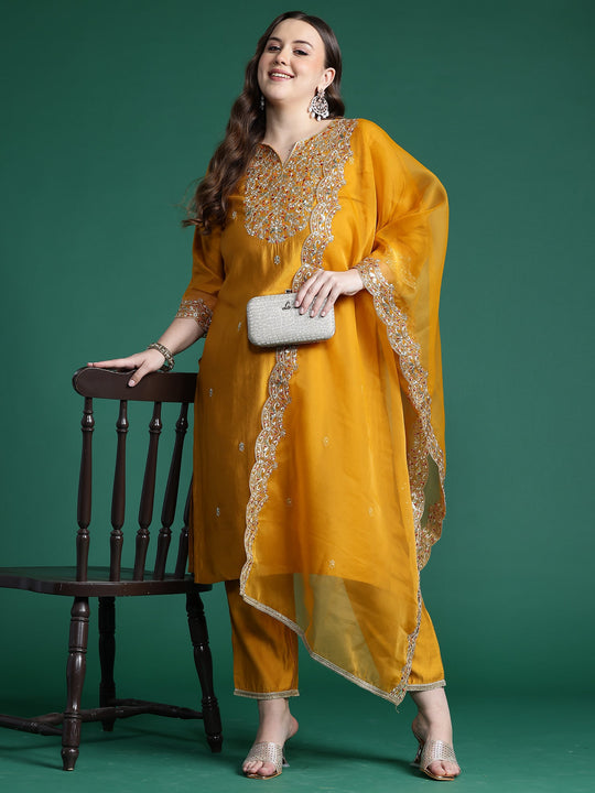 Plus Size Mustard Embroidered Straight Suit Set