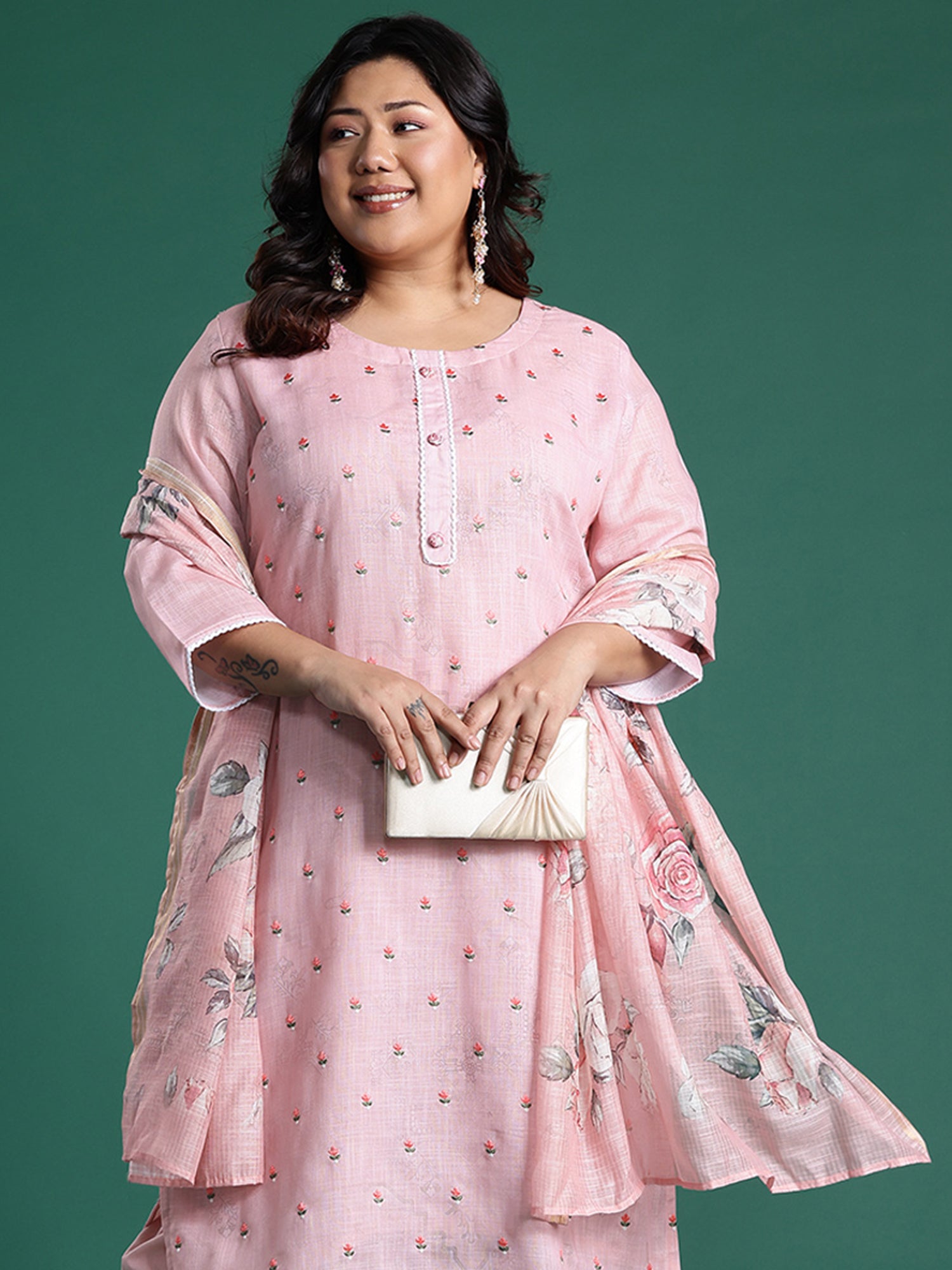 Plus Size Pink Embroidered Straight Kurta Trousers With Dupatta set