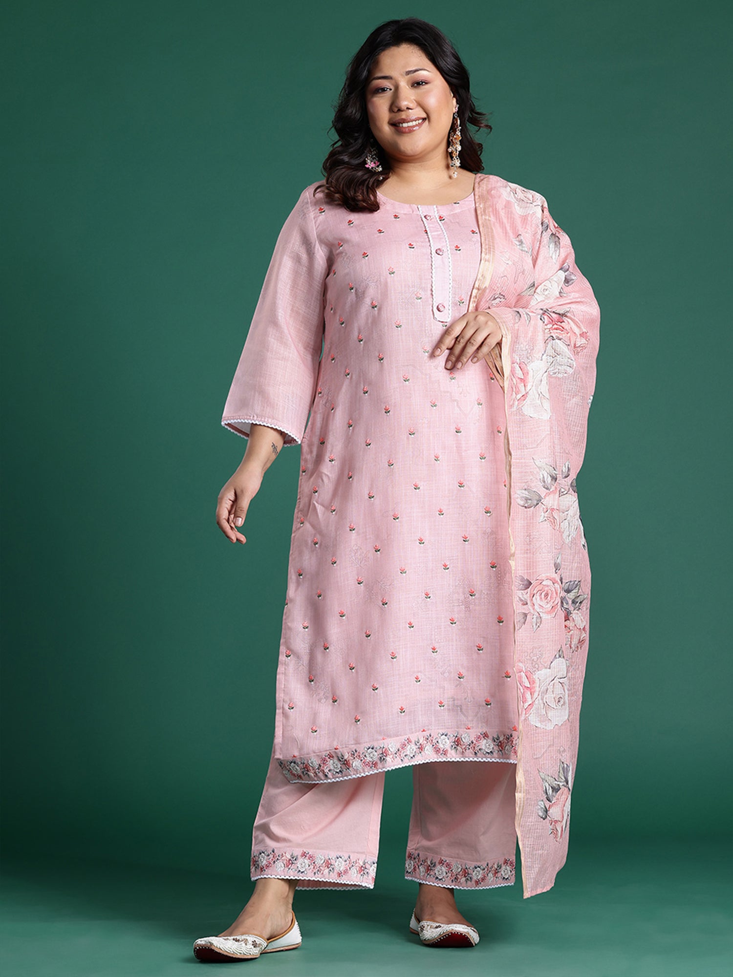 Plus Size Pink Embroidered Straight Kurta Trousers With Dupatta set