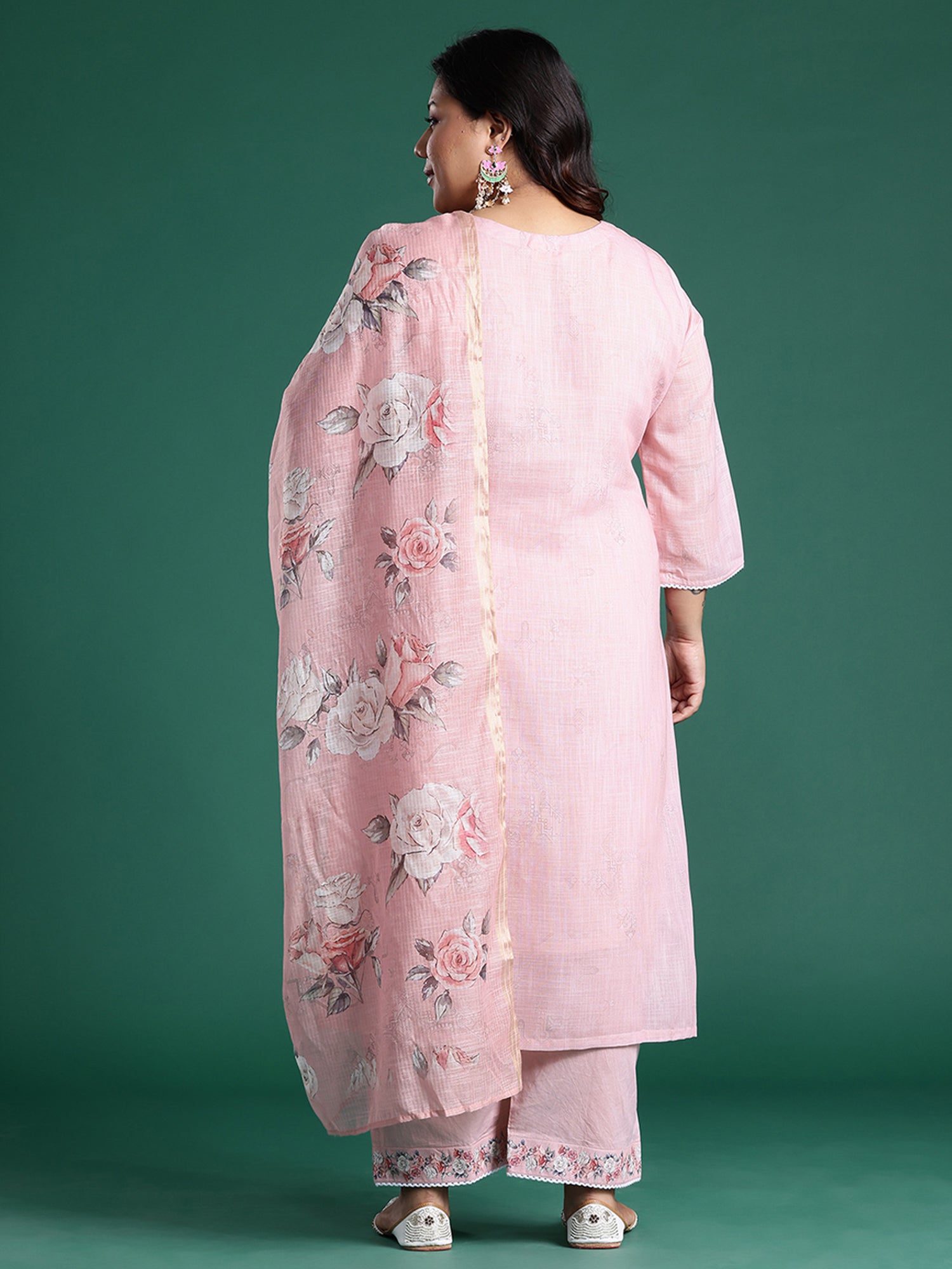 Plus Size Pink Embroidered Straight Kurta Trousers With Dupatta set