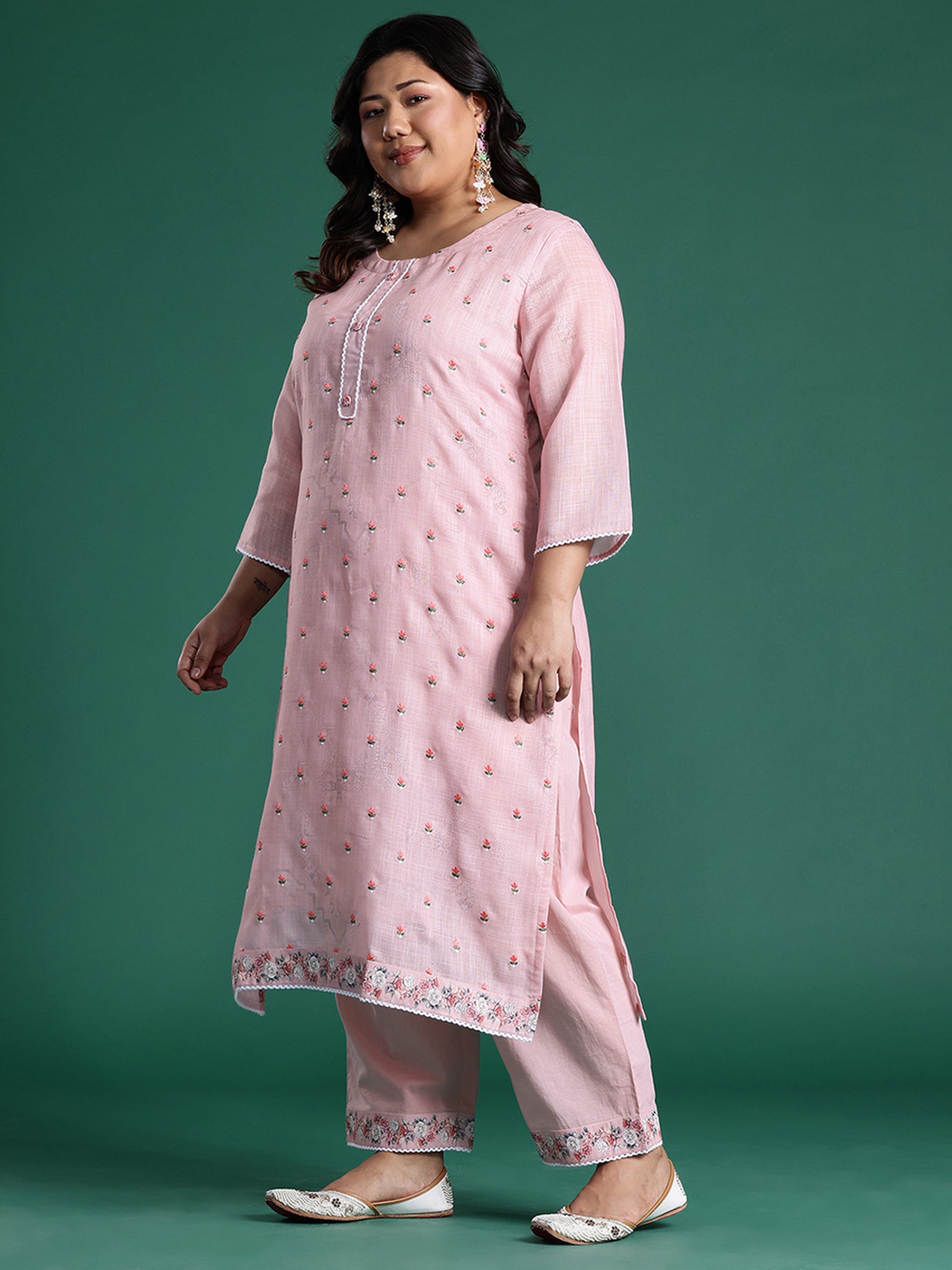 Plus Size Pink Embroidered Straight Kurta Trousers With Dupatta set