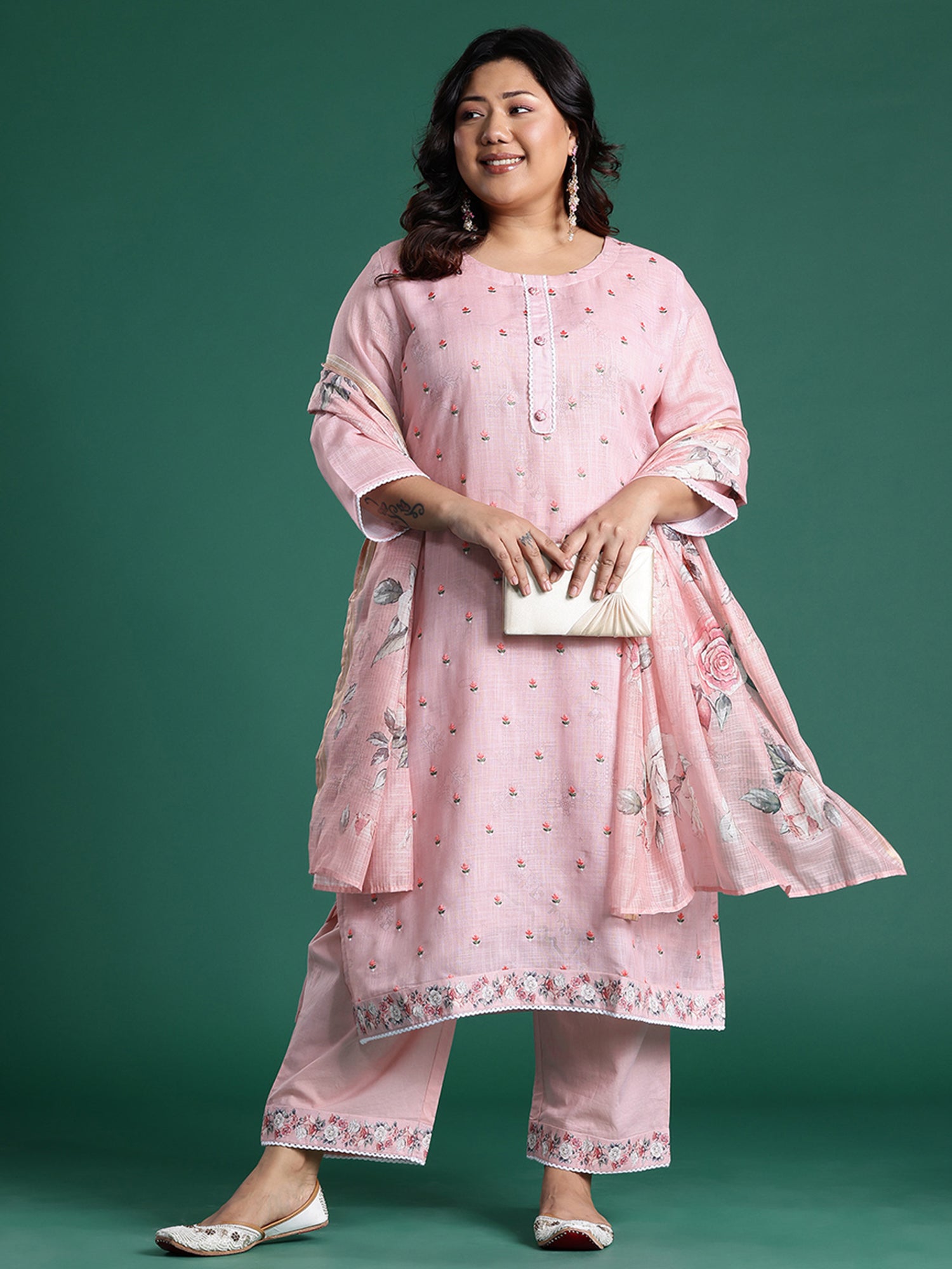 Plus Size Pink Embroidered Straight Kurta Trousers With Dupatta set