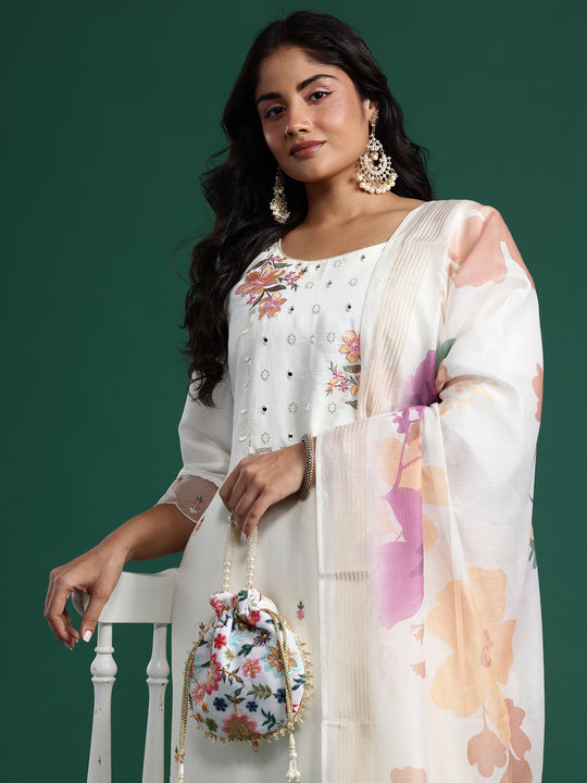 Plus Size White Embroidered Straight Kurta Trousers With Dupatta set