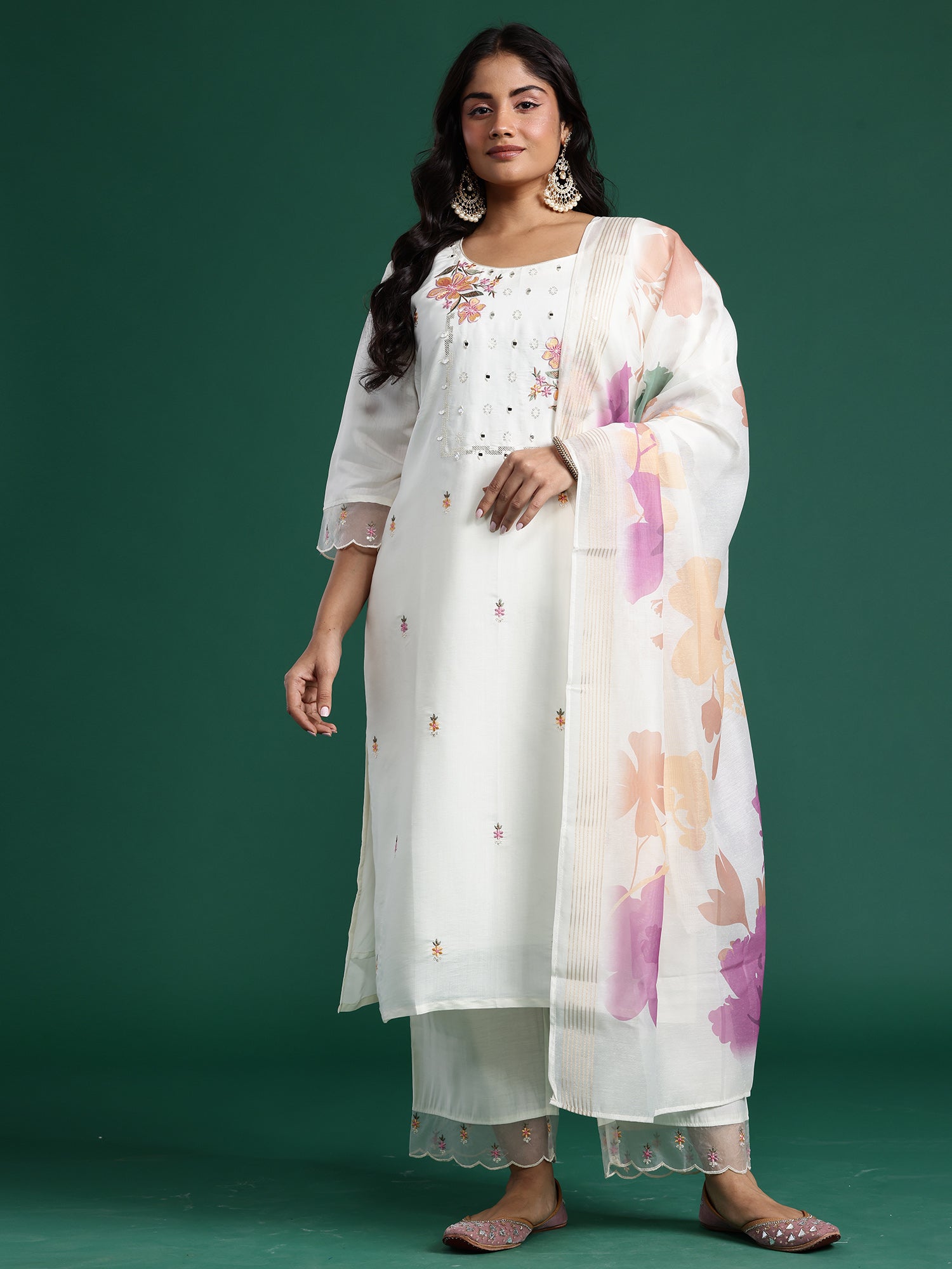 Plus Size White Embroidered Straight Kurta Trousers With Dupatta set