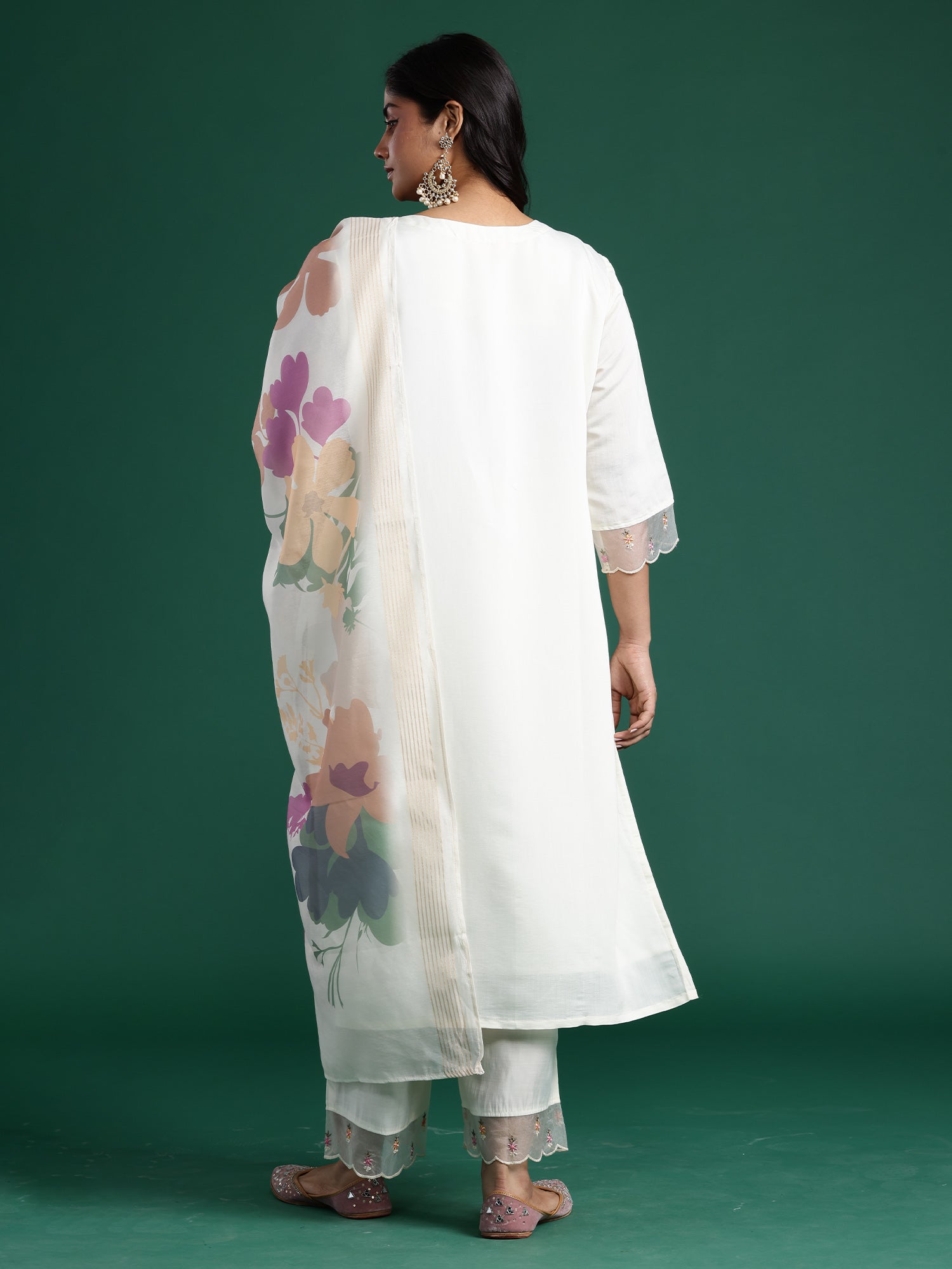 Plus Size White Embroidered Straight Kurta Trousers With Dupatta set