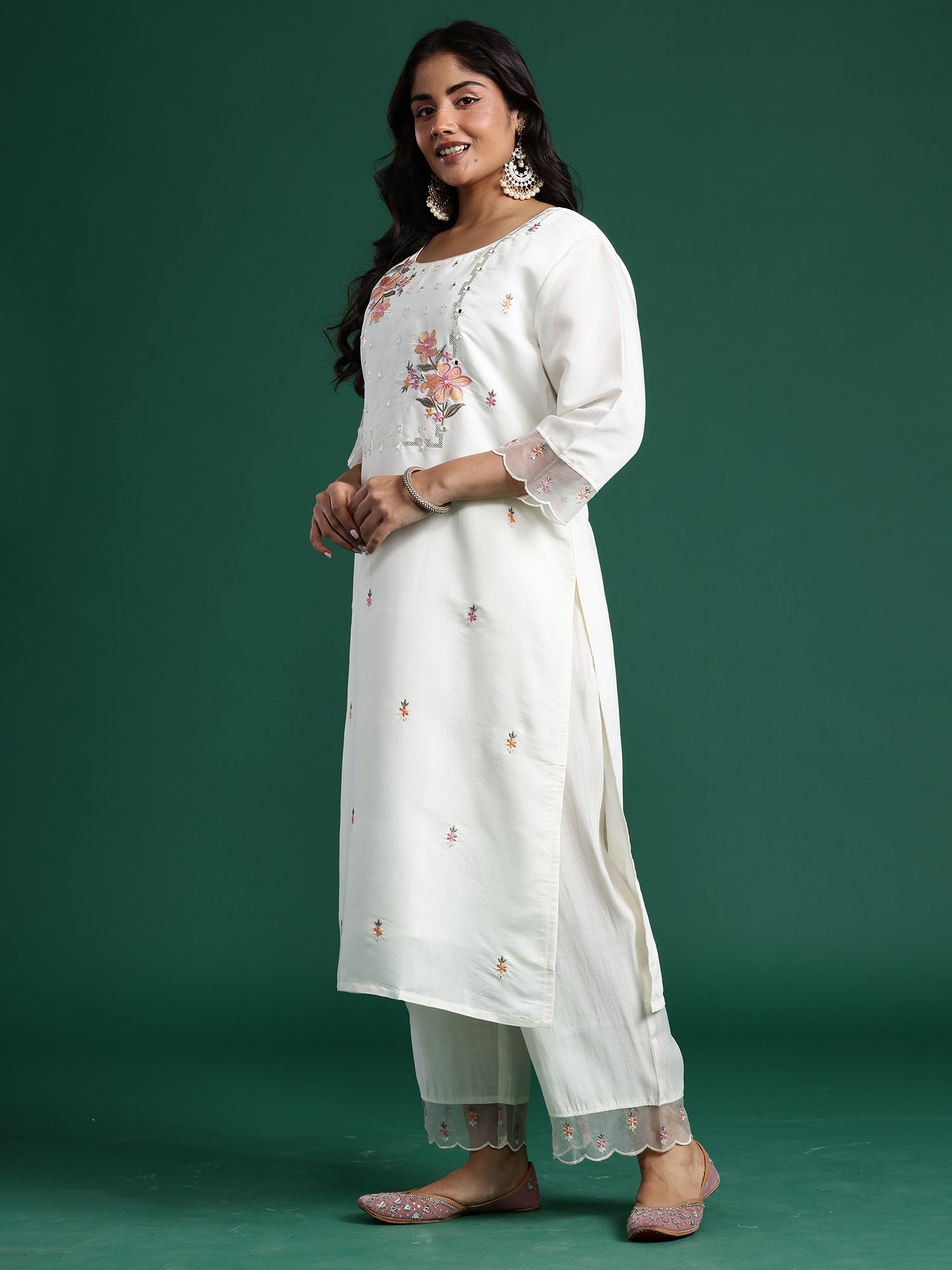 Plus Size White Embroidered Straight Kurta Trousers With Dupatta set