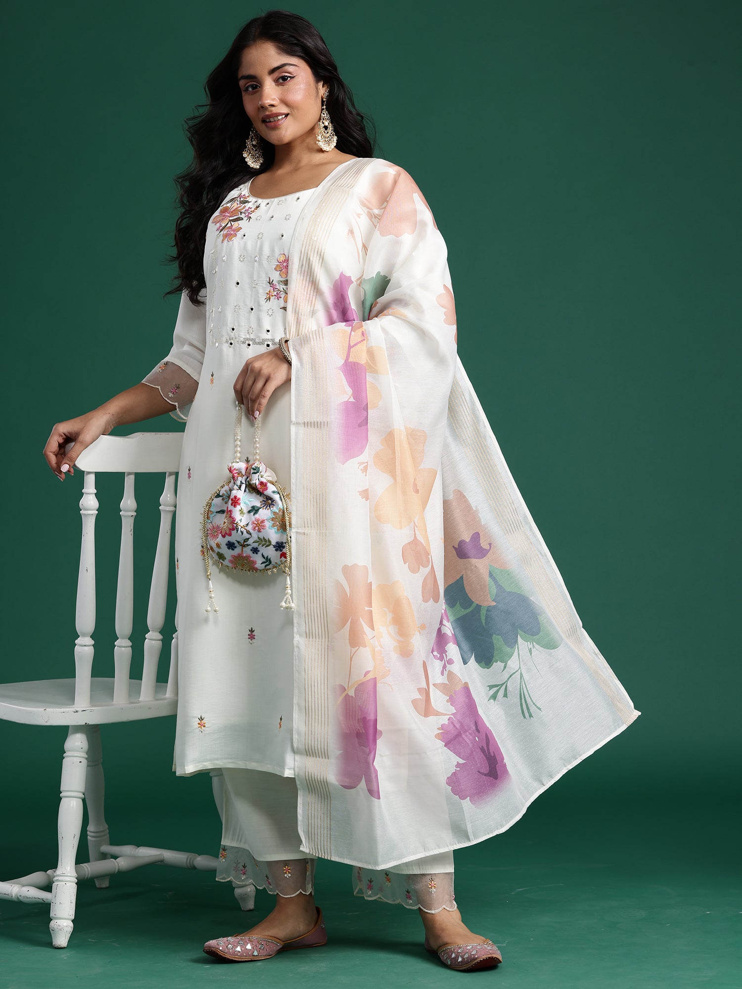 Plus Size White Embroidered Straight Kurta Trousers With Dupatta set