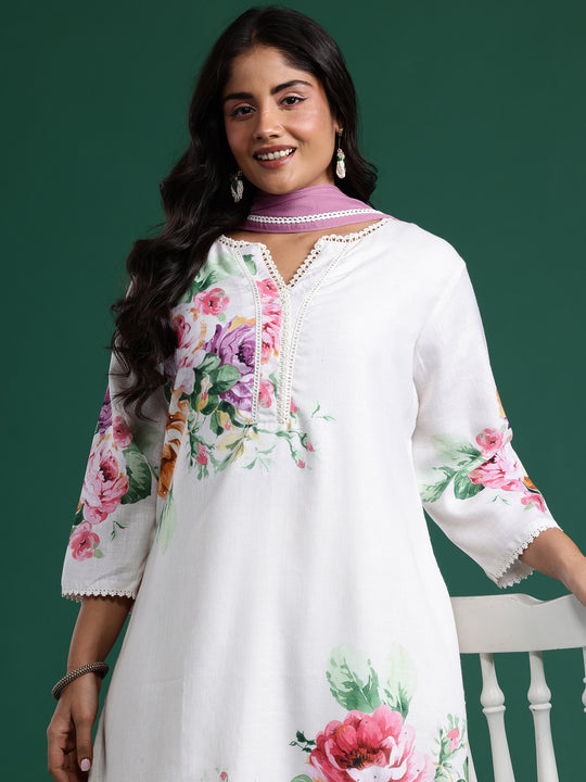 Plus Size Off White Printed Straight Kurta Trousers With Dupatta set