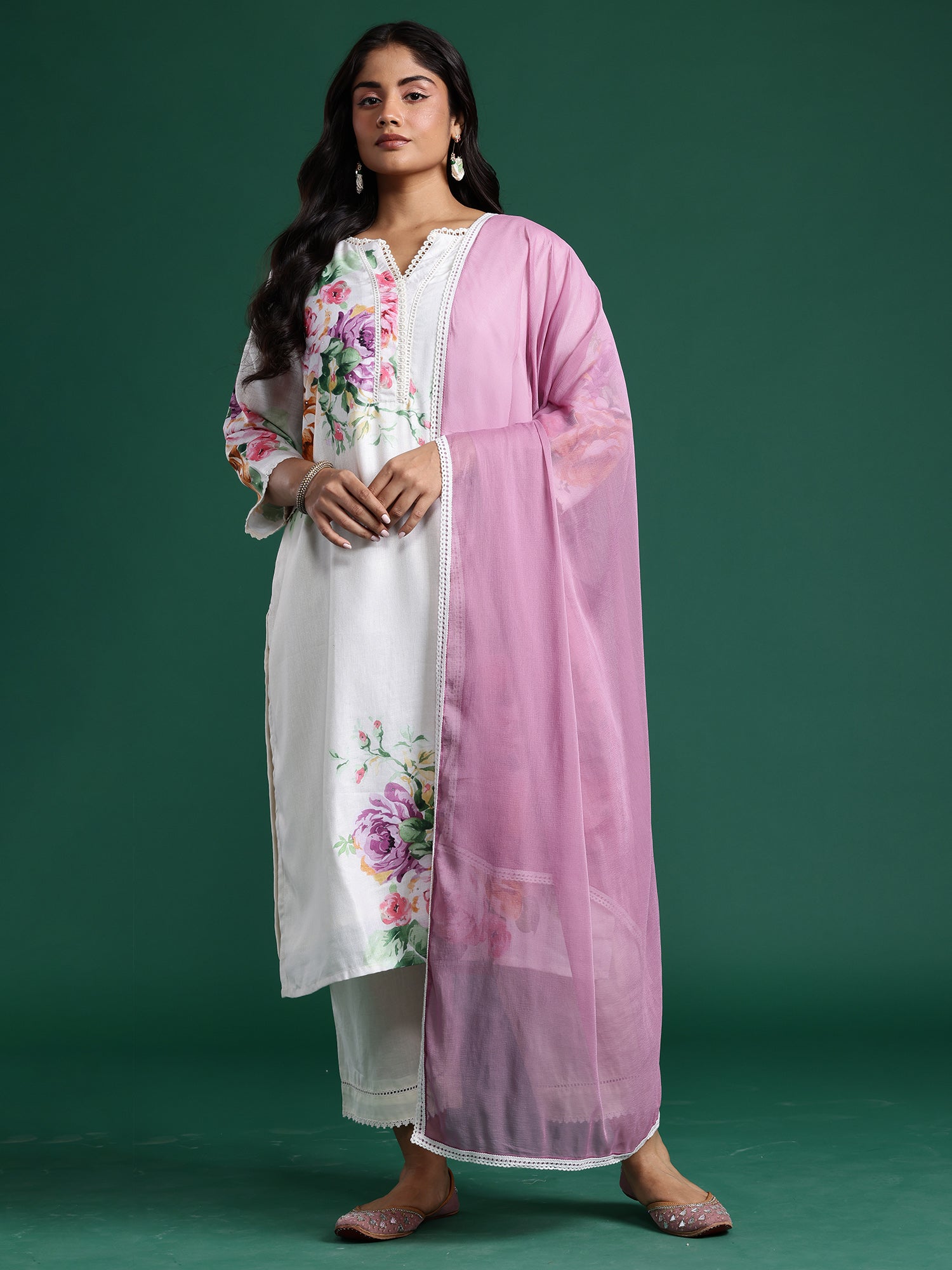 Plus Size Off White Printed Straight Kurta Trousers With Dupatta set