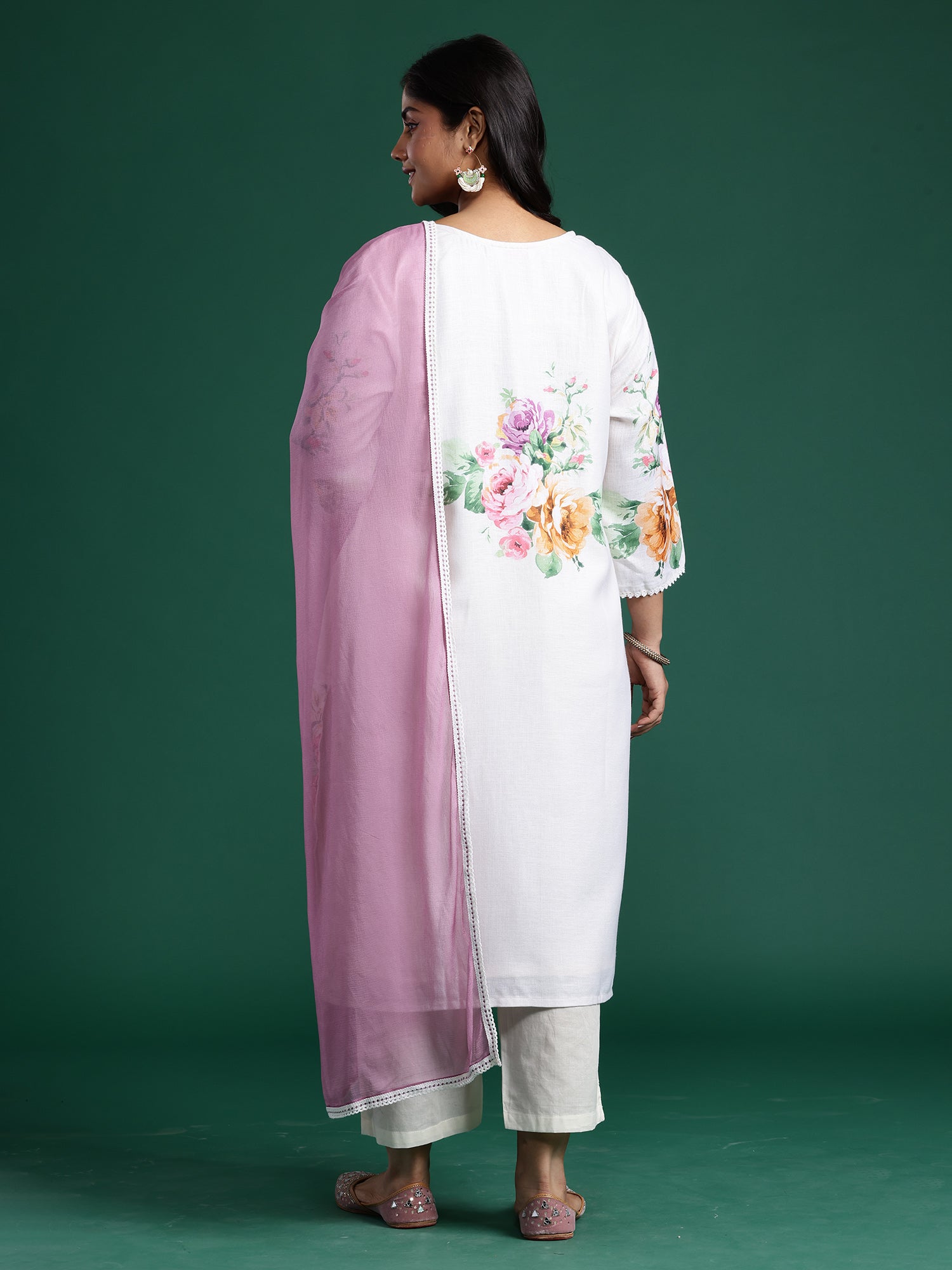 Plus Size Off White Printed Straight Kurta Trousers With Dupatta set