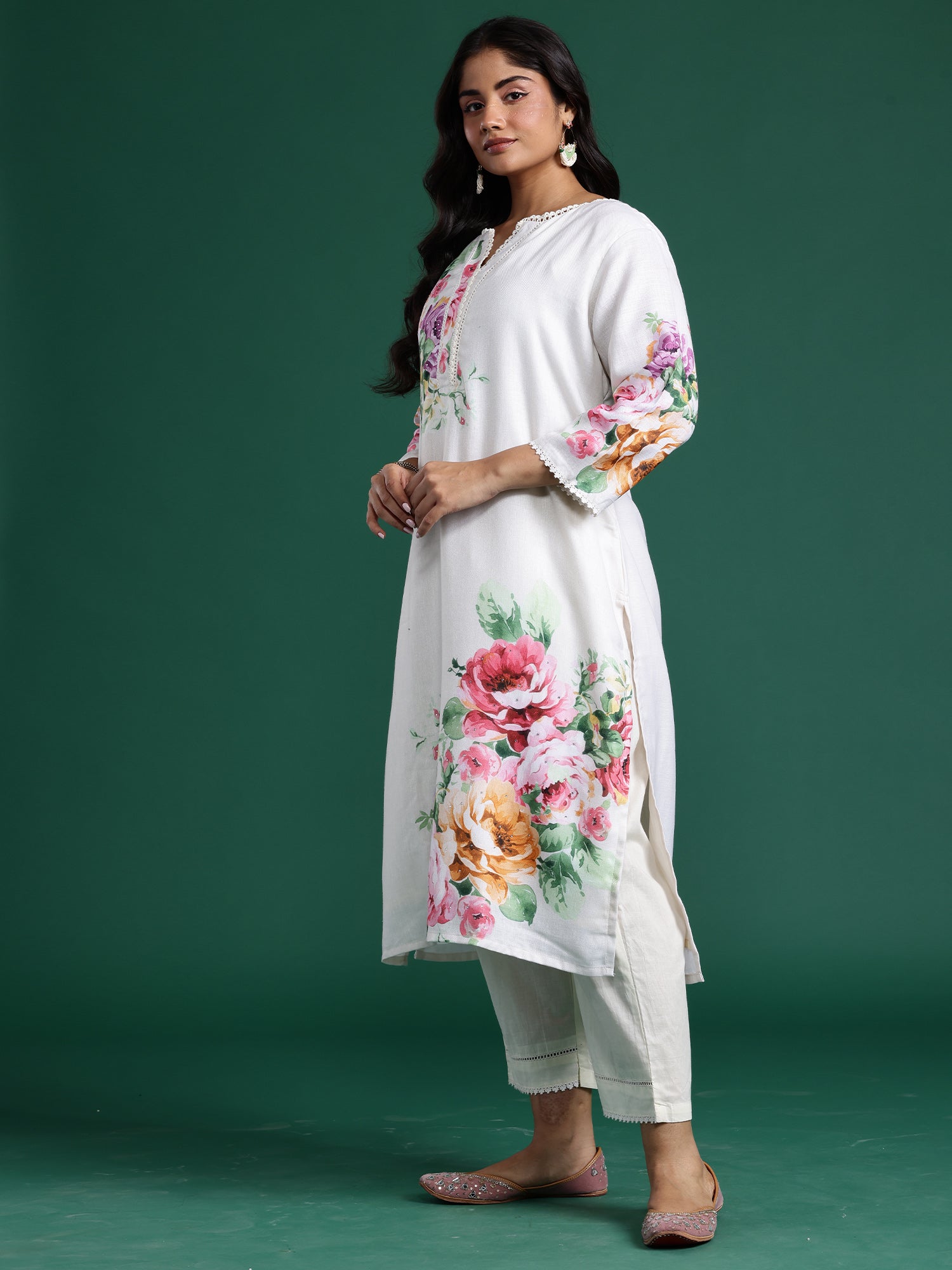 Plus Size Off White Printed Straight Kurta Trousers With Dupatta set