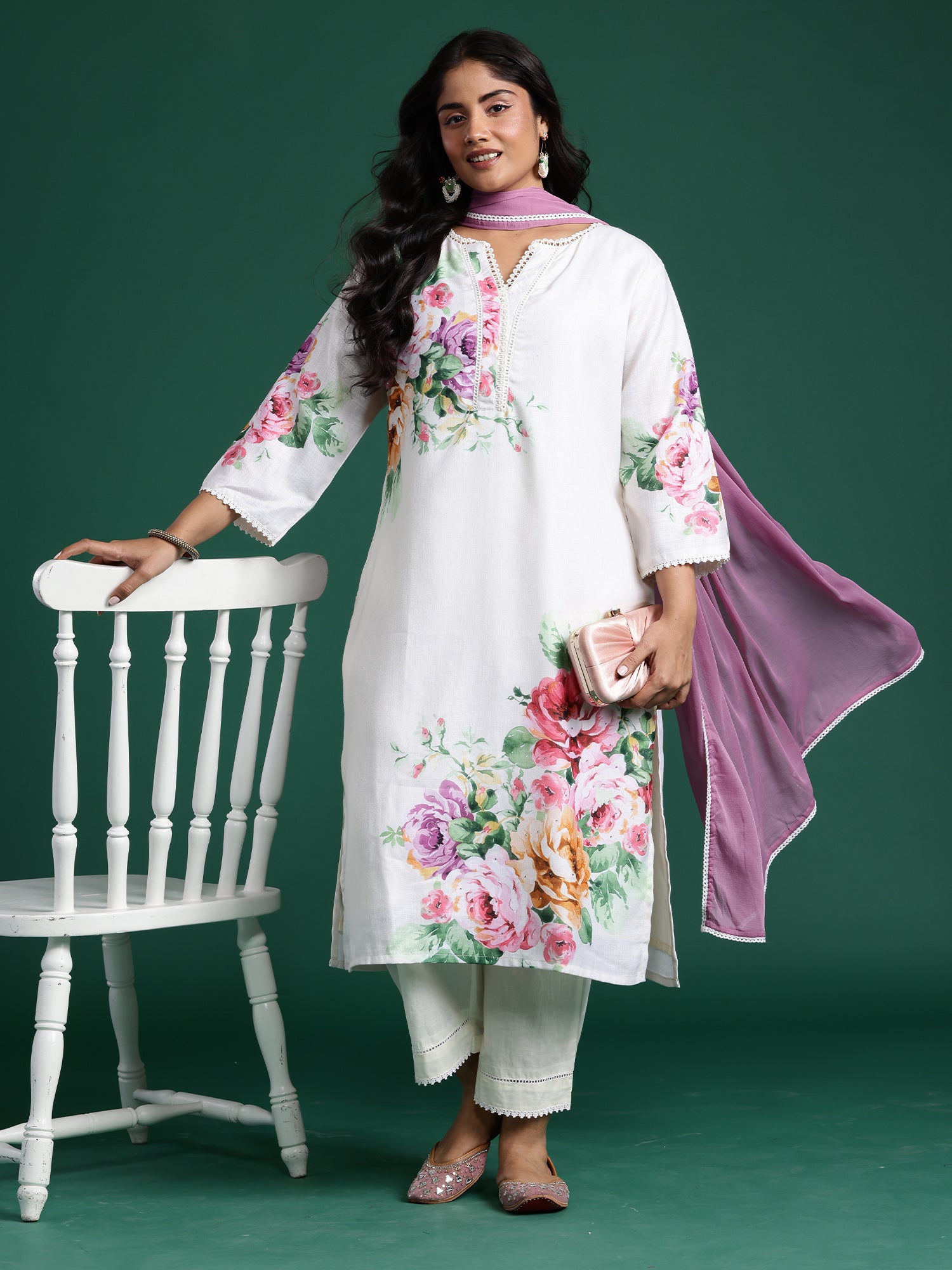 Plus Size Off White Printed Straight Kurta Trousers With Dupatta set