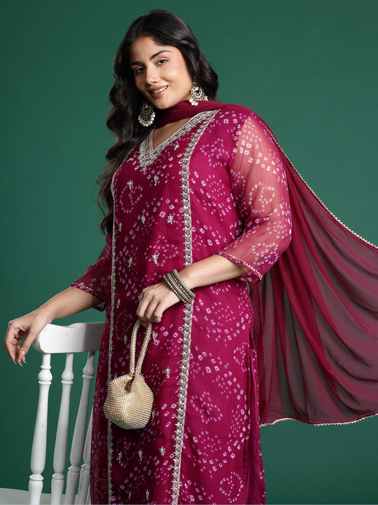 Indo Era Burgundy Embroidered Straight Kurta Trouser With Dupatta set