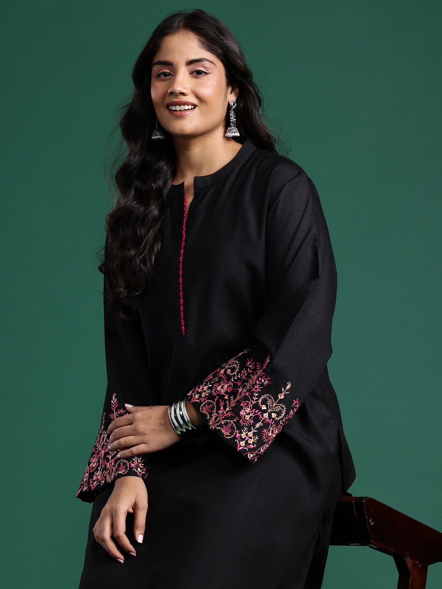 Plus Size Black Embroidered Straight Kurta Trousers set