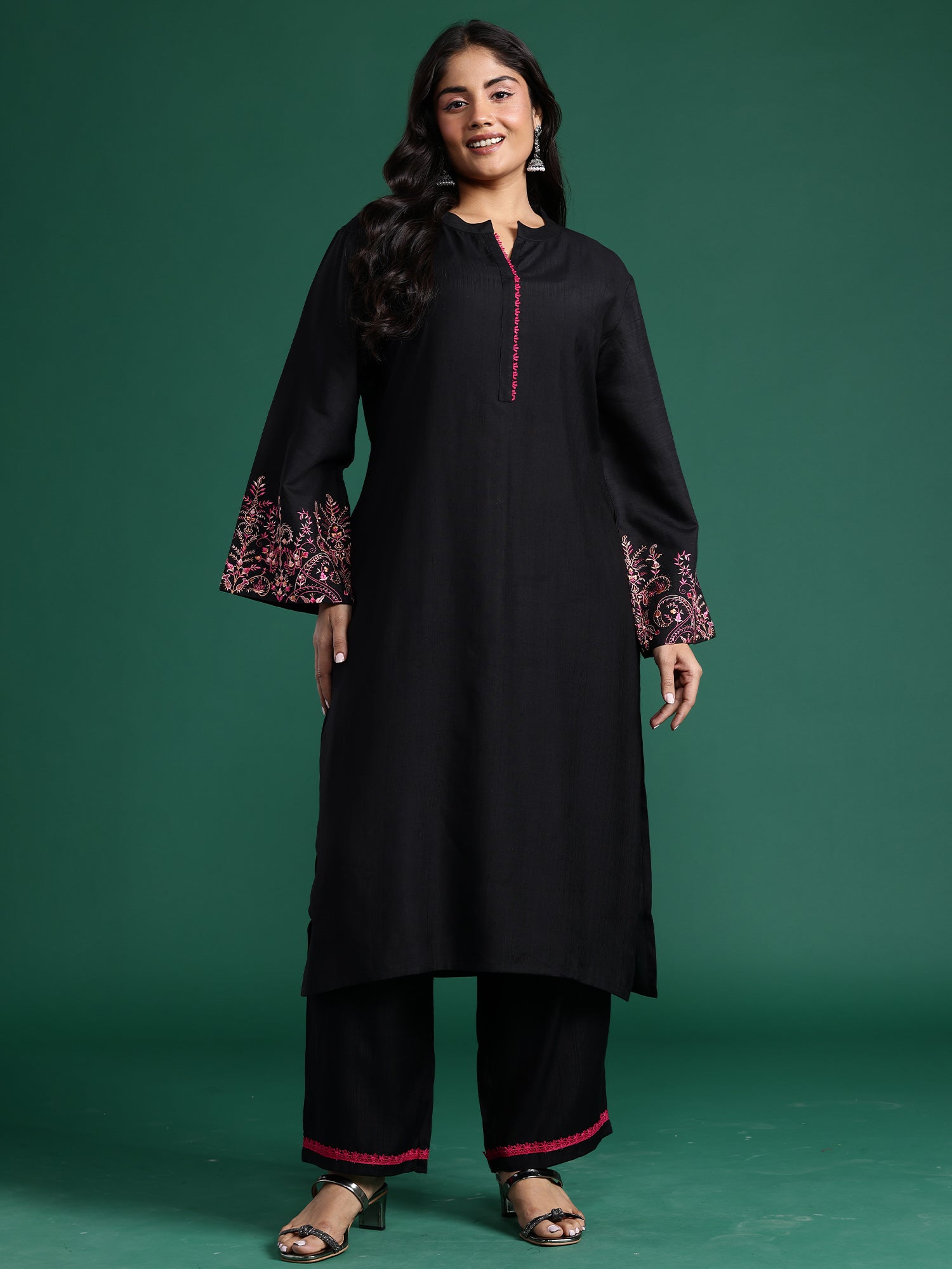 Plus Size Black Embroidered Straight Kurta Trousers set