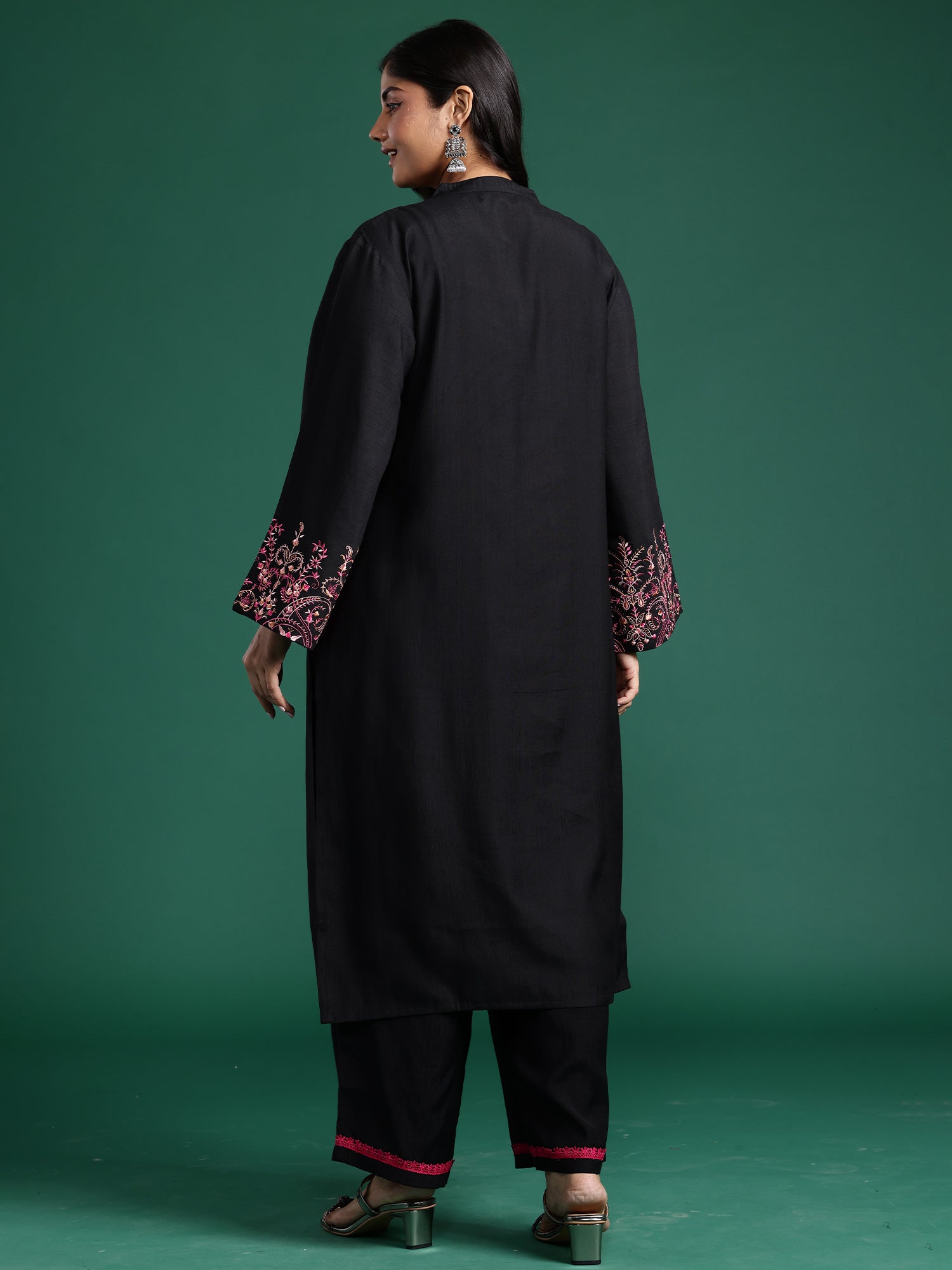 Plus Size Black Embroidered Straight Kurta Trousers set