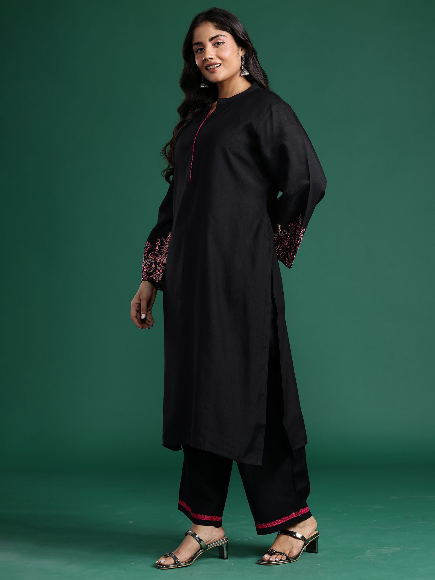 Plus Size Black Embroidered Straight Kurta Trousers set