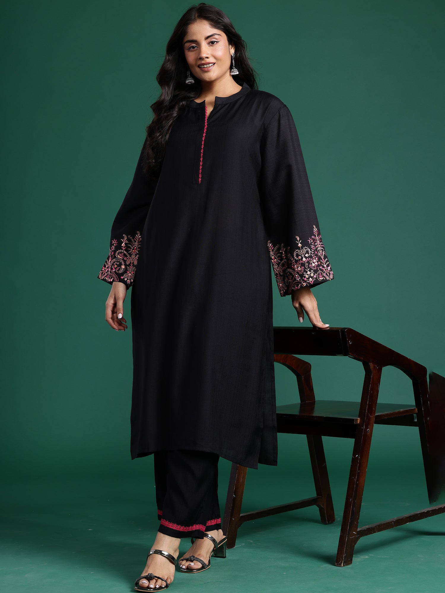 Plus Size Black Embroidered Straight Kurta Trousers set