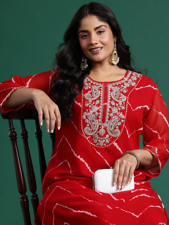 Indo Era Red Embroidered Straight Kurta