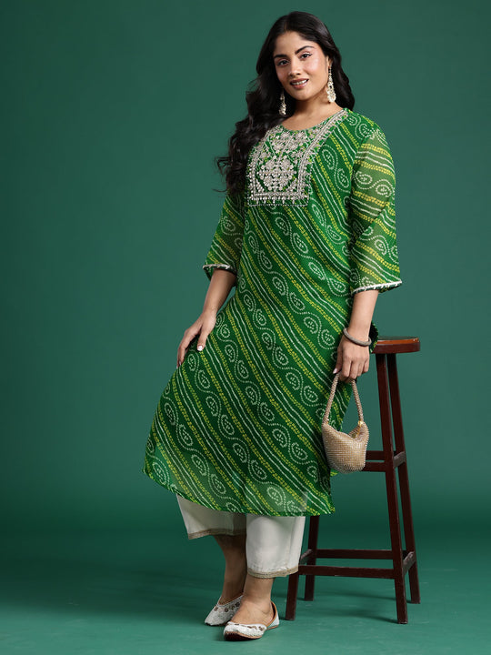 Indo Era Green Printed Straight Kurta