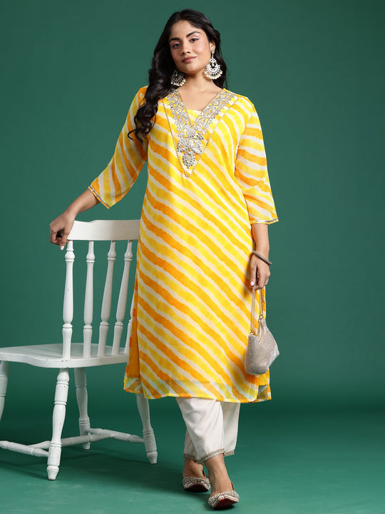 Indo Era Yellow Embroidered Straight Kurta