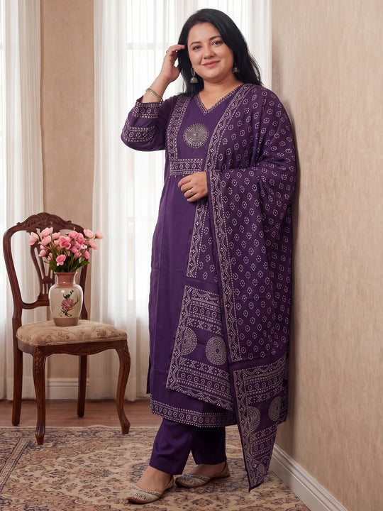 Plus Size Purple Printed Straight Kurta Trousers With Dupatta set