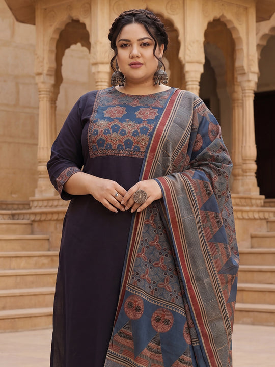 Plus Size Black Printed Straight Kurta Trousers With Dupatta Set