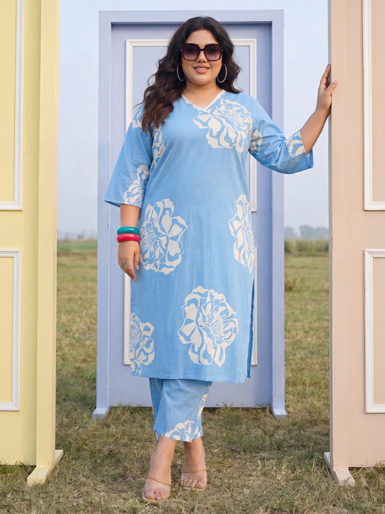 Plus Size Blue Printed Straight Kurta Trousers Set