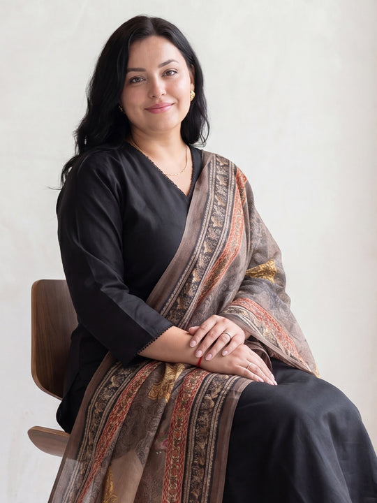 Plus Size Black Solid A-Line Kurta Trousers With Dupatta Set