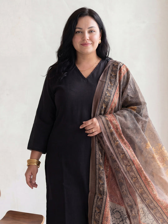 Plus Size Black Solid A-Line Kurta Trousers With Dupatta Set