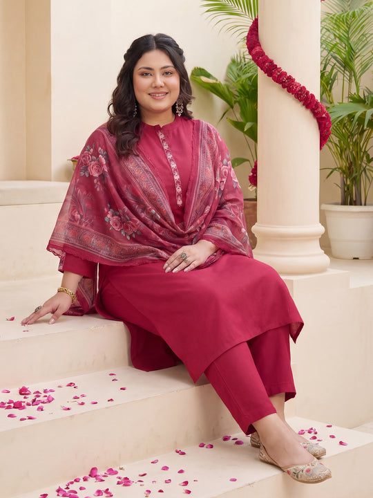Plus Size Red Embroidered Straight Kurta Trousers With Dupatta Set