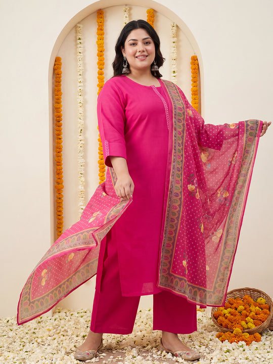 Plus Size Pink Embroidered Straight Kurta Trousers With Dupatta Set