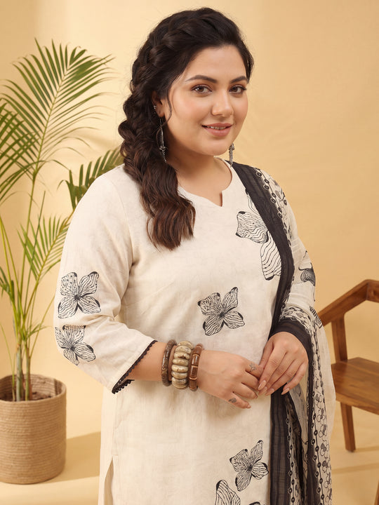 Plus Size Off White Embroidered Straight Kurta Trousers With Dupatta Set