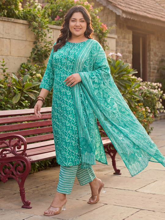 Plus Size Teal Printed Straight Kurta Trousers With Dupatta Set