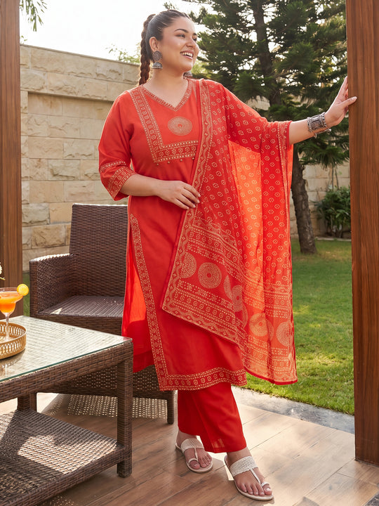 Plus Size Rust Printed Straight Kurta Trousers With Dupatta Set