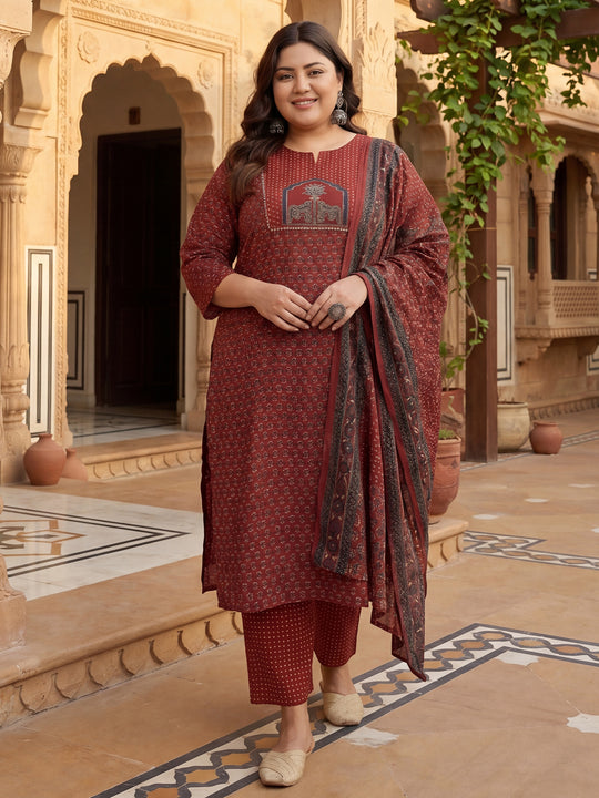 Plus Size Maroon Printed Straight Kurta Trousers With Dupatta Set
