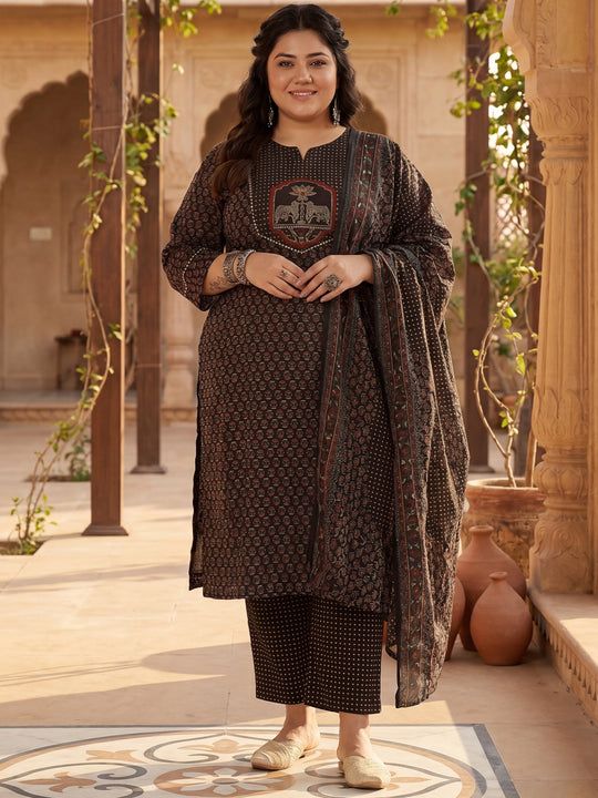 Plus Size Black Printed Straight Kurta Trousers With Dupatta Set