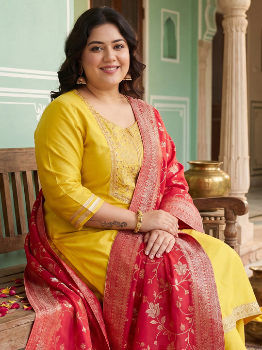 Plus Size Yellow Embroidered Straight Kurta Trousers With Dupatta Set
