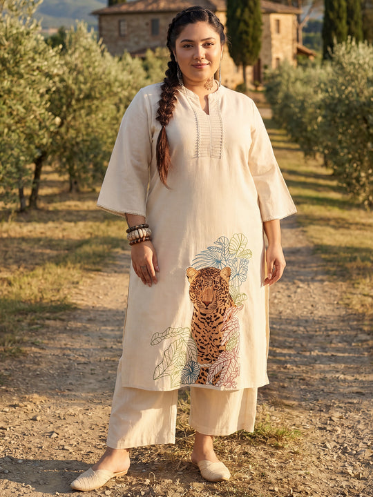 Plus Size Off White Embroidered A-Line Kurta Trousers Set