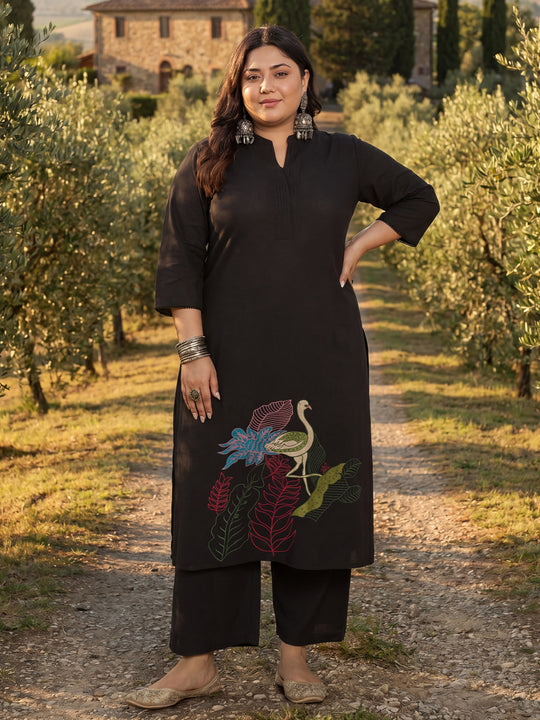 Plus Size Black Embroidered A-Line Kurta Palazzos Set