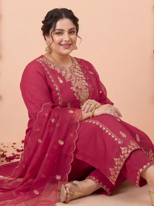 Plus Size Maroon Embroidered Straight Kurta Trousers With Dupatta Set