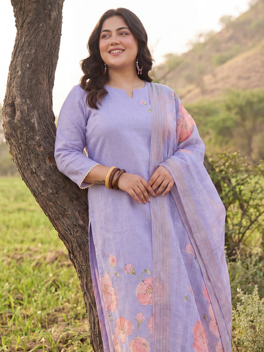 Plus Size Purple Printed Straight Kurta Trousers With Dupatta Set