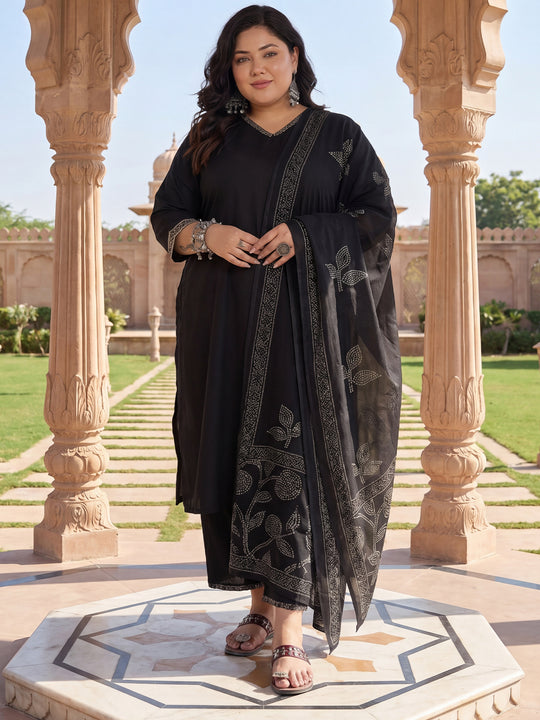 Plus Size Black Embroidered Straight Kurta Trousers With Dupatta Set