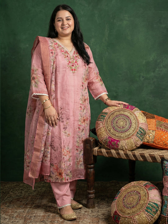 Plus Size Mauve Embroidered Straight Kurta Trousers With Dupatta Set