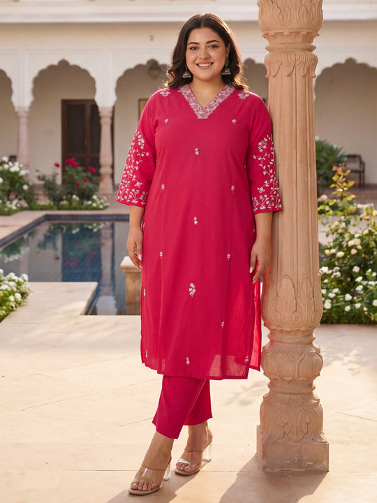 Plus Size Pink Embroidered Straight Kurta Trousers Set