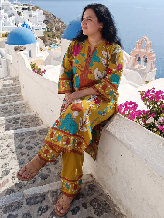 Plus Size Mustard Printed Straight Kurta Trousers Set