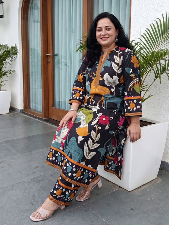 Plus Size Black Printed Straight Kurta Trousers Set